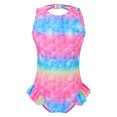 thumbnail image 1 of Girls One Piece Mermaid Swimsuit Open Back Swimwear with Ruffled Hem Bathing Suit Pink 11-12, 1 of 5