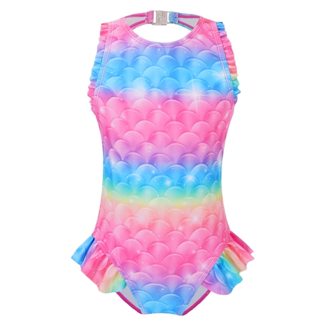 Girls One Piece Mermaid Swimsuit Open Back Swimwear with Ruffled Hem Bathing Suit Pink 11-12