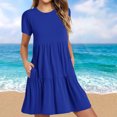 thumbnail image 1 of Pisexur Robes Midi d'Été pour Femmes Décontractées Évasées à Étages Robe T-Shirt Ourlet Ample Manches Courtes Robes de Plage avec Poches, 1 of 6