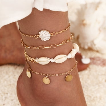 TIMIFIS Bracelets de Cheville pour Femmes 4 Pcs Bracelet de Cheville Rétro Coquillage Naturel à Franges Photographie de Rue Personnalité Créatif Cadeau Merveilleux Bracelet de Cheville Chaîne de Pied Accessoires Bijoux de Pied
