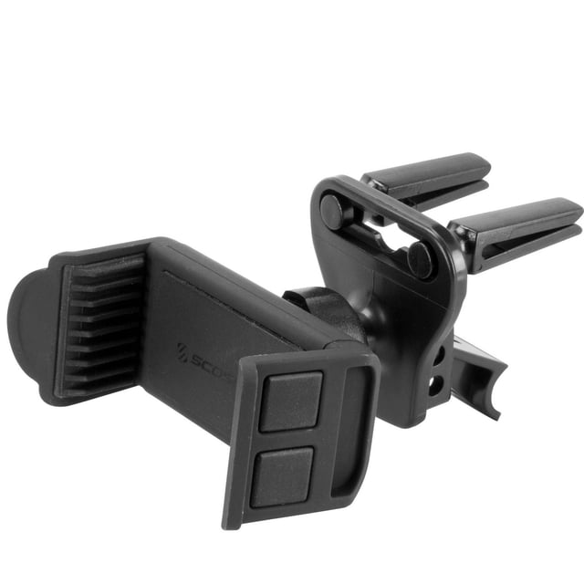 Scosche HVM2 2 in 1 360° adjustable universal car vent mount and phone stand in black with extendable arms up to 3.5 inches wide, rubberized grips, and a dual-prong clip for secure attachment to vehicle air vents, suitable for hands-free smartphone use while driving.