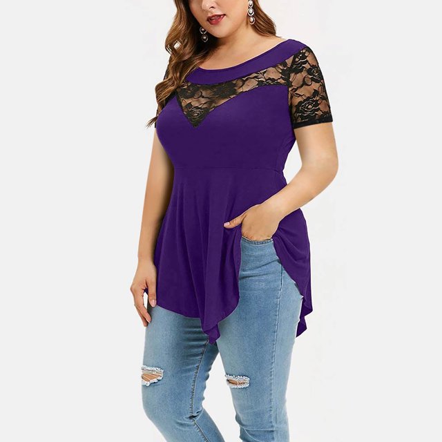 Leutsin Grande Taille Femme Uni Dentelle Florale Col Rond Asymétrique Trois Quarts Grande Taille Hauts Blouse Grande Taille