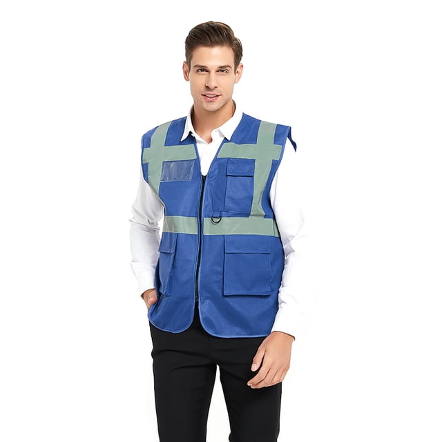 TOPTIE 5 Pockets High Visibility Safety Vest with Reflective Strips, Working Uniform Vest-Blue-M