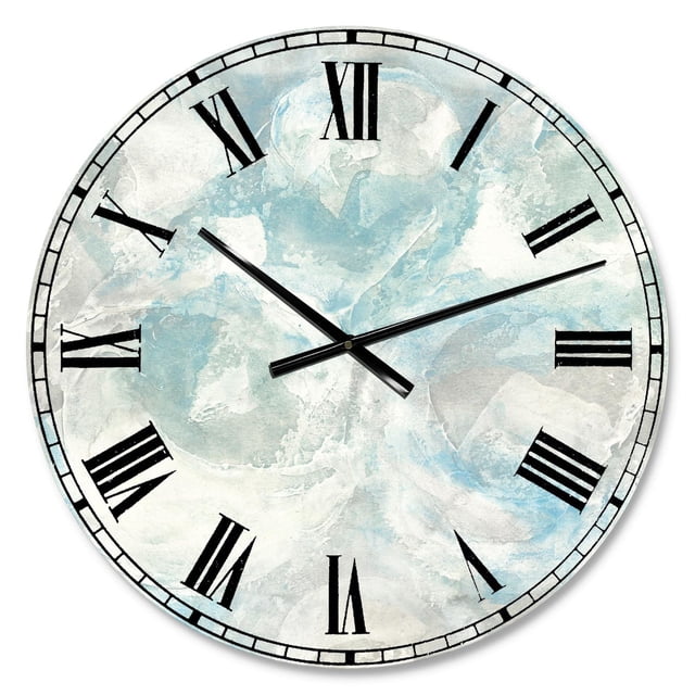 Designart « Palette Blue Shade III » Horloge Murale Côtière avec Cadran Rond en Aluminium Brillant, Fond Marbré Bleu Pâle et Blanc, Chiffres Romains Noirs et Aiguilles Noires Fines, Convient comme Déco Murale Nautique Moderne Surdimensionnée.