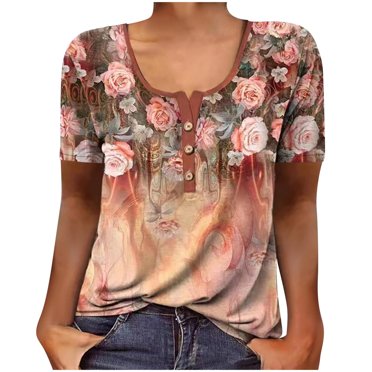 XZNGL Womens Short Sleeve Blouses Womens Crewneck Casual Floral Print T-Shirt Short Sleeve Tunic Tops Blouse Women Short Sleeve Tops Women Short Sleeve Blouse Short Sleeve Tops for Women