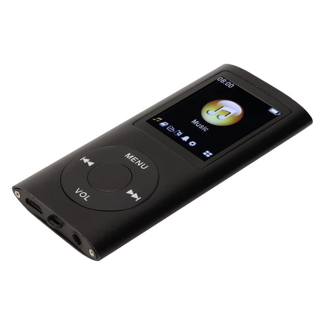 Mp3 Player Mini Mp3 Music Player with a slim, portable design and a 1.8-inch LCD screen. Made of durable aluminum alloy, it features a circular control pad for easy navigation and supports lossless sound quality with formats like MP3, WMA, FLAC, and more. The device includes a built-in 200mAh lithium battery and supports up to 64GB of memory (memory card not included). Accessories include a charging cable and earphones.