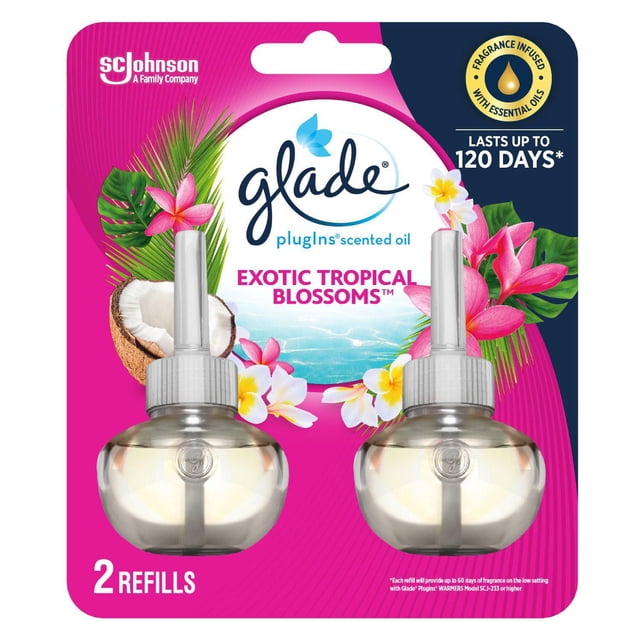 Glade Plugins® Recharge d'Huile Désodorisant Fleurs Tropicales Exotiques avec Deux Bouteilles de Recharge Rondes Transparentes sur une Carte à Thème Tropical Rose et Bleu Mettant en Vedette Noix de Coco et Fleurs Tropicales, Infusée d'Huiles Essentielles et Durant jusqu'à 120 Jours, Idéale pour les Chauffe-Air à Brancher Glade pour Rafraîchir l'Air de la Maison.