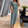 thumbnail image 2 of Mikilon Ensemble Stylé pour Femme 2 Pcs Mode Col Rond Couleur Unie T-Shirt à Manches Courtes + Pantalon Ample à Poches Ensemble Vert Armée TP, 2 of 6