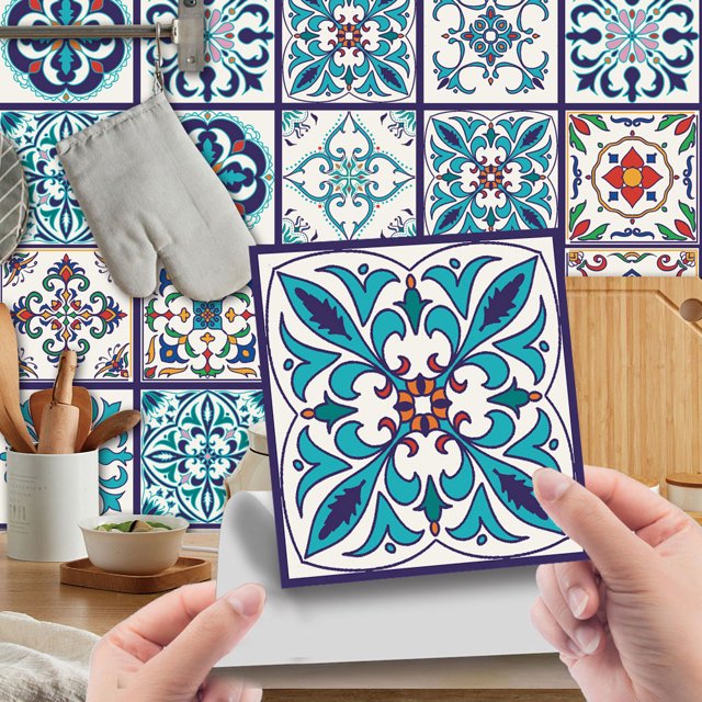 MAWCLOS Decals Peel And Stick Tile Sticker Backsplash Tiles 24 Pack Removable Wall Stickers PVC Floral Moroccan Waterproof DIY Style 1 5.91x5.91"/15x15cm