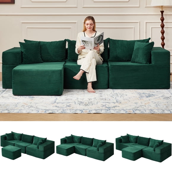 Vicluke 102" Cloud Couch Sectional, L Shaped Modern Sofa with Ottoman, Comfy Corduroy Fabric Modular Sectional Sofa in a Box, Boneless Couches for Living Room, No Assembly Required (Green)