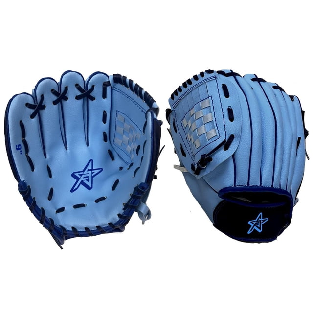 Future Stars 9" Baseball / Tee-Ball Glove - Right Hand Catch - Blue showing front and back views, made of light blue synthetic leather with dark blue lacing, featuring a woven web pocket and star logo on palm and wrist strap, sized for young right-handed players learning baseball.