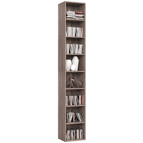 Homfa Narrow Bookcase with 8 Shelves, CD DVD Media Storage Cubes, Dark Oak