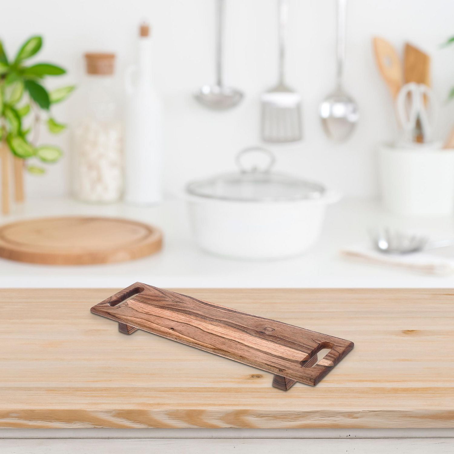 IH Casa Decor Acacia Wood Rect. Carte De Service Avec Double Poignée Sur Le Support