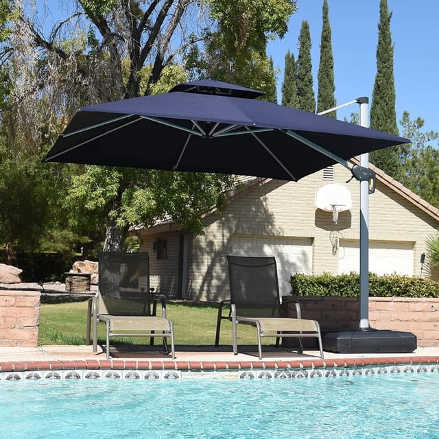 PURPLE LEAF Parasol de Patio Carré de Luxe 10 Pi, Grand Parasol Déporté à Mât Décentré avec Rotation à 360°, Bleu Marine