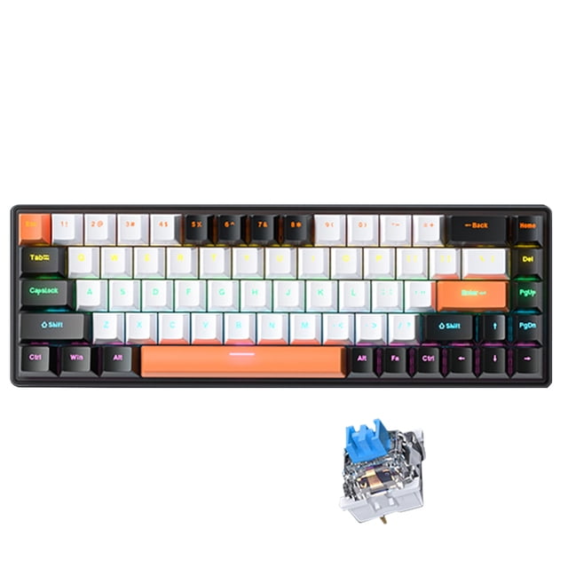Graflsoa GK-690 Compact 68-Key Mechanical Keyboard with Blue Switch, Black & White & Orange Color Mix, RGB Backlight, USB-C Connection, 1.5m Cable