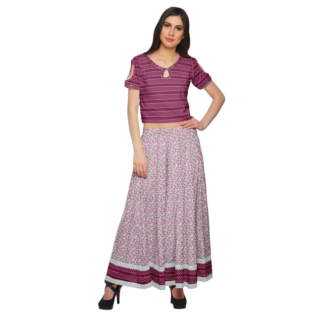 Moomaya Printed Cold Shoulder Keyhole Neck Crop Top And Palazzo Set Ethnic Wear