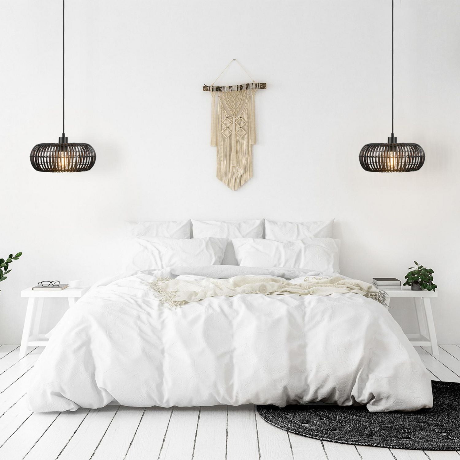 Luminaire suspendu à 1 ampoule Fitz noir mat avec abat-jour en rotin
