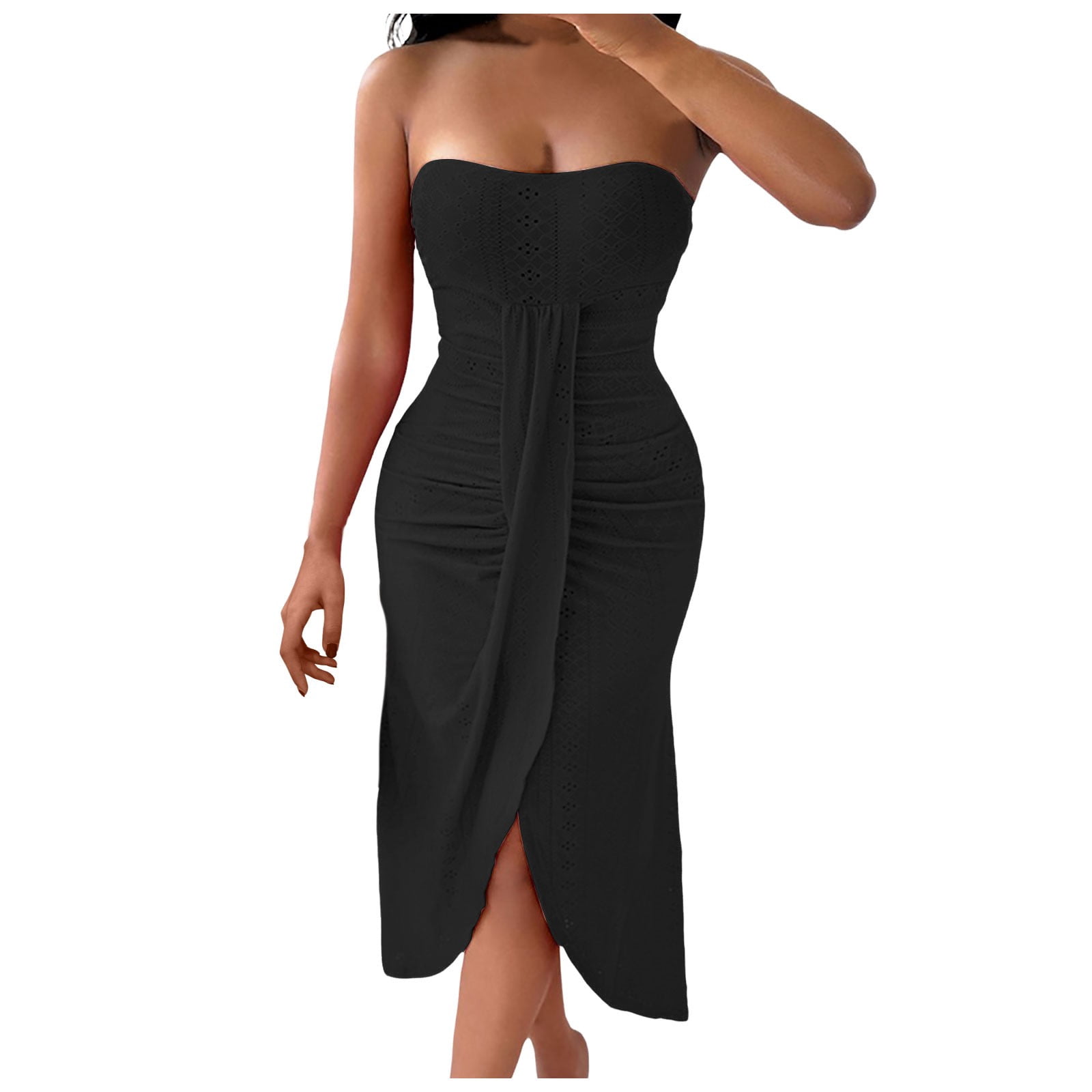 XDZJLR Robes pour Femmes Couleur Unie Sans Bretelles Ajustée Ourlet Irrégulier Robe de Loisirs