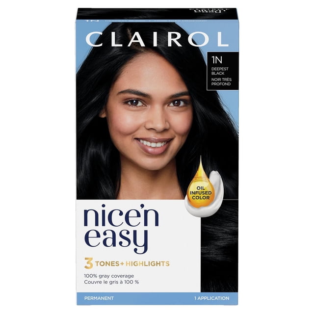 Clairol Nice'n Easy Teinture Capillaire Permanente en Teinte Noire la Plus Profonde 1N avec Couleur Infusée d'Huile, Offrant 3 Tons et Mèches pour une Couleur de Cheveux Permanente d'Apparence Naturelle Qui Couvre 100 % des Cheveux Gris en une application.