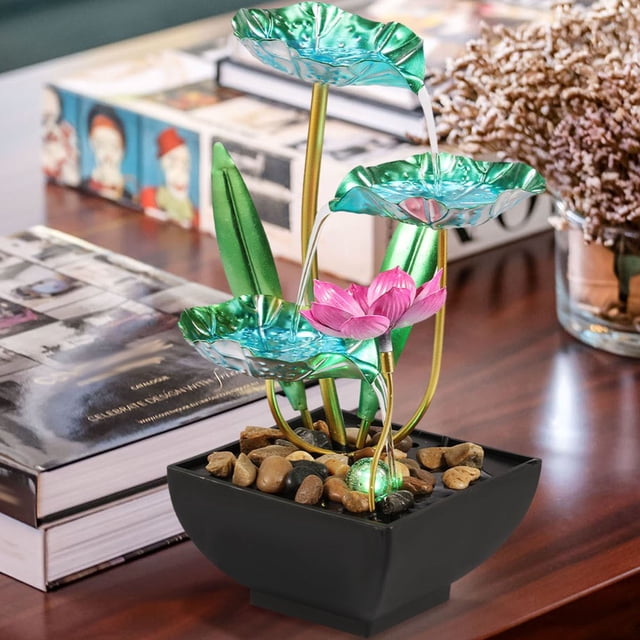 CHUANK Fontaine de Table Fontaine d'Eau Fontaine d'Intérieur en Cascade Fontaine de Bureau à 3 Niveaux Lotus Détente Déco Maison Incluant Beaucoup de Roches et Machine à Son Apaisant