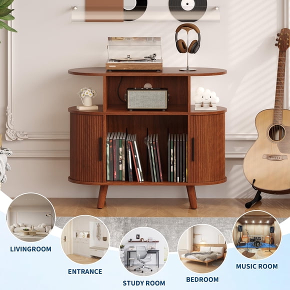 EDTara Meuble pour Tourne-Disque Vinyle avec Rangement, Station de Recharge, Ports Usb et Prises de Courant pour Salon Ou Chambre