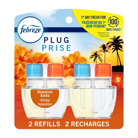 Febreze Désodorisant à Brancher, Recharge d'Huile Parfumée Anti-Odeurs, Parfum Aloha Hawaïen, 2 Recharges