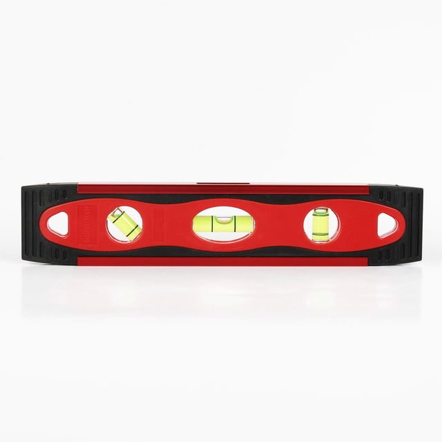 Swiss Tech 9" Aluminum Torpedo Level with a red aluminum reinforced frame and black rubber end caps, featuring three high-visibility yellow-green vials for vertical, horizontal, and 45-degree angle measurements, and a magnetic edge for hands-free use.