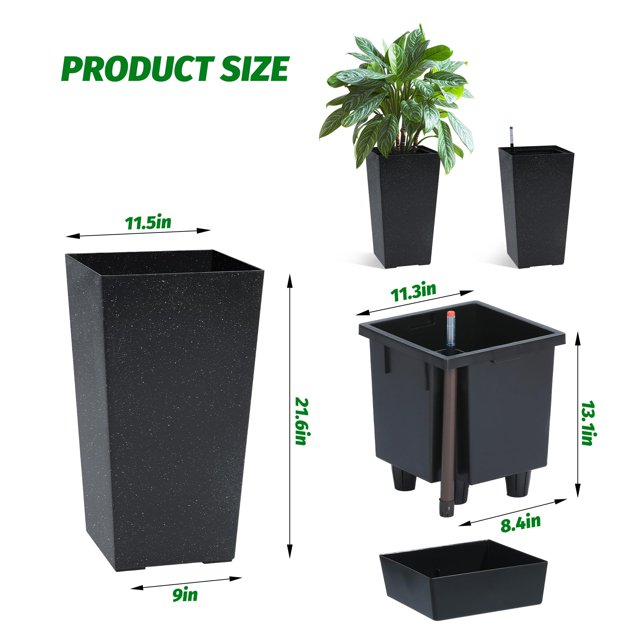 AKDSteel Large Tapered Square Planters For Outdoor & Indoor Plants, Front Porch Flower Tree Pots With Drainage Holes, Water Level Monitor, And Inner Bucket