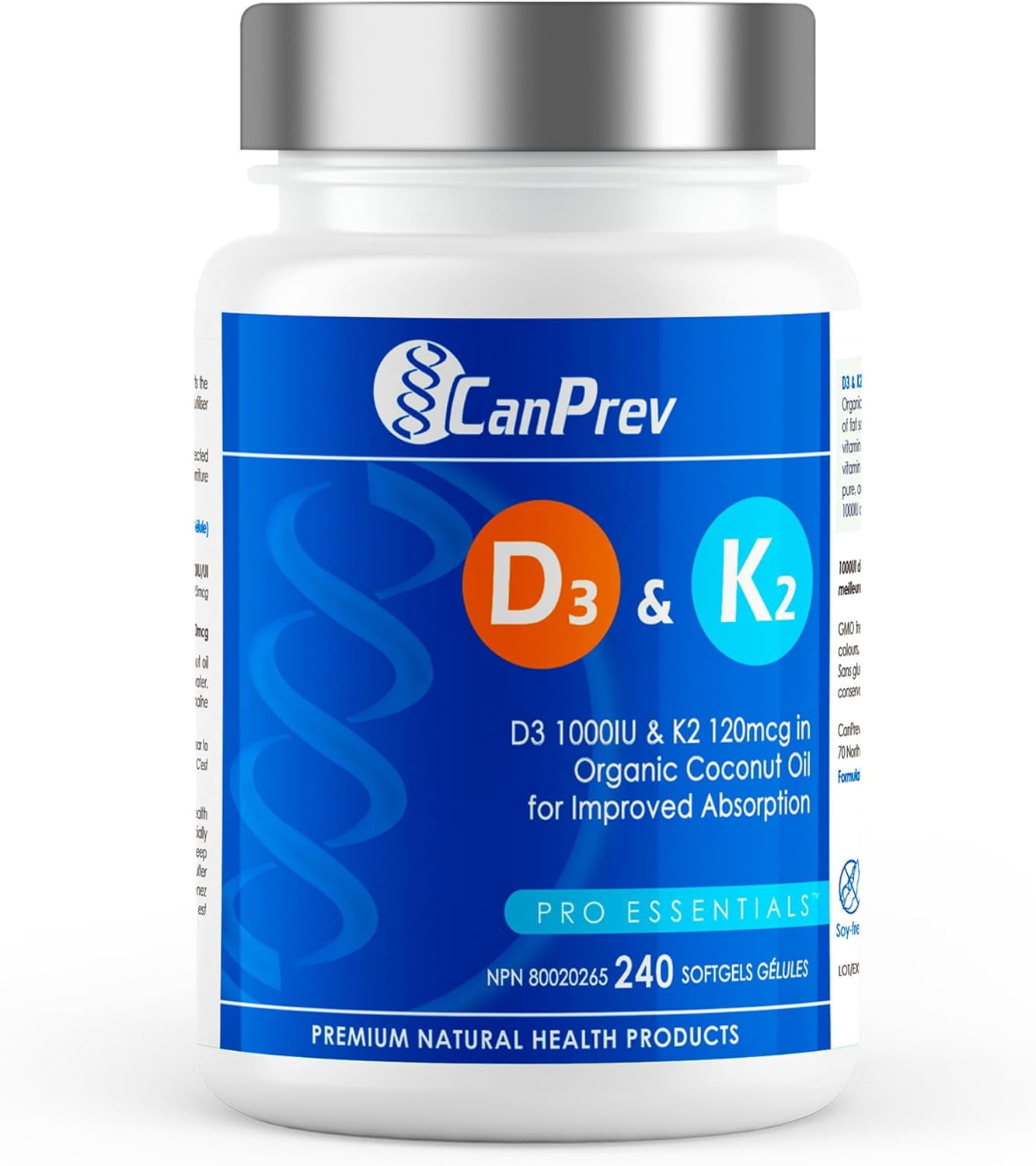 CanPrev - Supplément de Vitamine D3 et K2 240 Gélules Molles, Approvisionnement de 240 Jours, Supplément de Cholecalciférol Vitamine D3 K2 MK7, Huile de Coco Biologique pour Améliorer l'Absorption - Aide à Construire et Maintenir la Santé des Dents et des Os