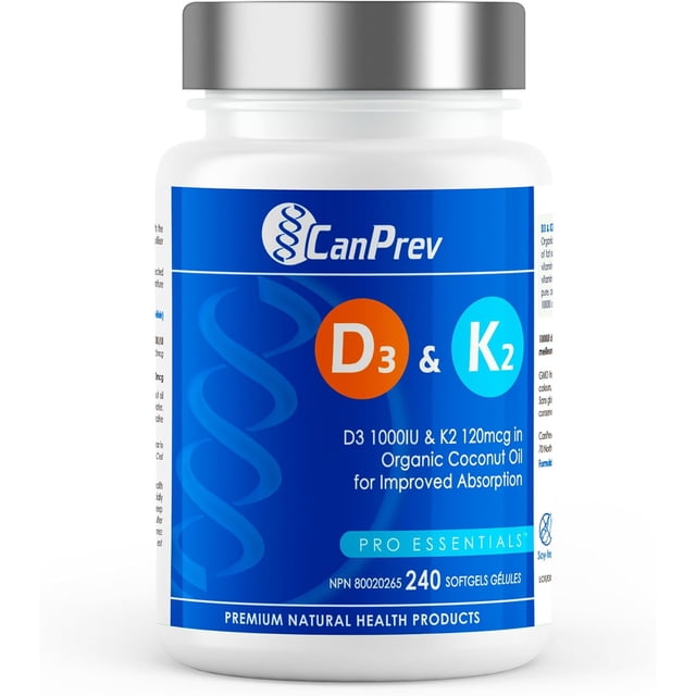 CanPrev - D3 & K2 Vitamin Supplement 240 Softgels 240-Day Supply, K2 MK7 Cholecalciferol Vitamin D3 Supplement, Organic Coconut Oil for Improved Absorption - Helps Build & Maintain Teeth & Bone Health