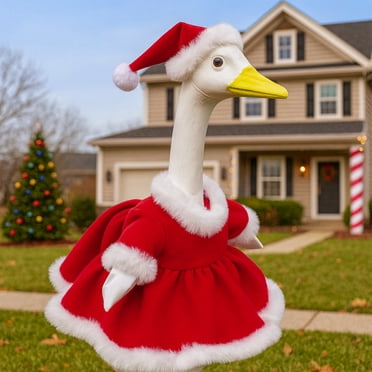 Chanana Tenue de Noël pour Oie de Porche pour Oie de 23 Pouces de Hauteur en Ciment Ou Plastique, Costume Blanc du Père Noël, Tenue de Noël pour Oie de Pelouse pour Cour, Pelouse, Jardin Extérieur, Patio, Déco des Fêtes de Noël