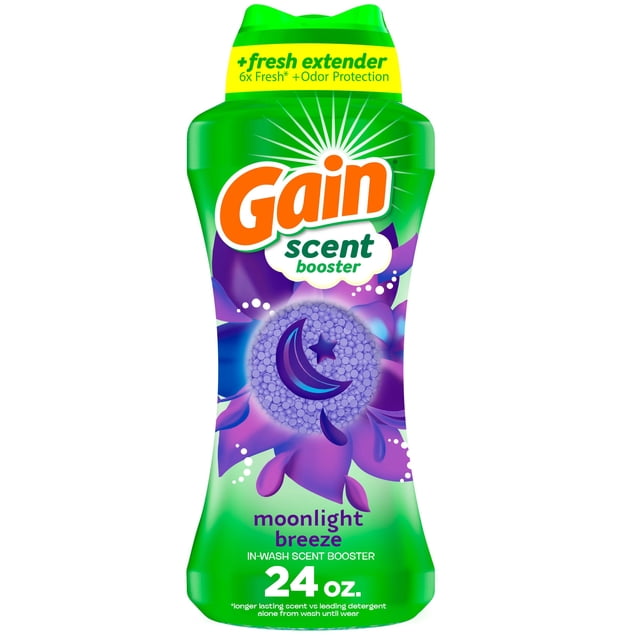Gain In-Wash Laundry Scent Booster Moonlight Breeze Scent in a 24 oz green bottle with purple floral and crescent moon design, featuring fresh extender and odor protection for long-lasting freshness up to 12 weeks.
