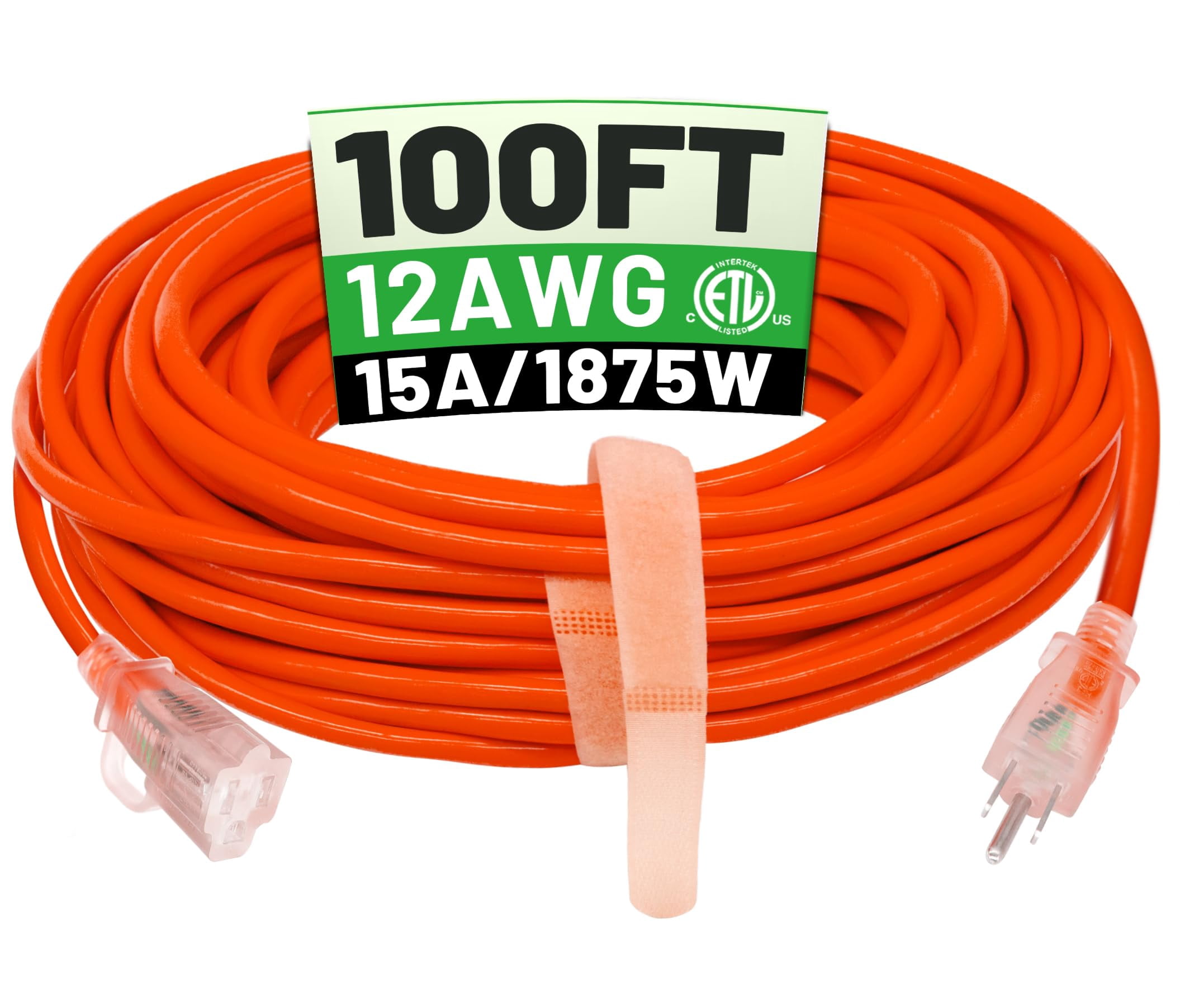 POWGRN 100 ft 12/3 Outdoor Extension Cord Waterproof Heavy Duty with Lighted Indicator End 12 Gauge 3 Prong, Flexible Cold-Resistant Long Power Cord