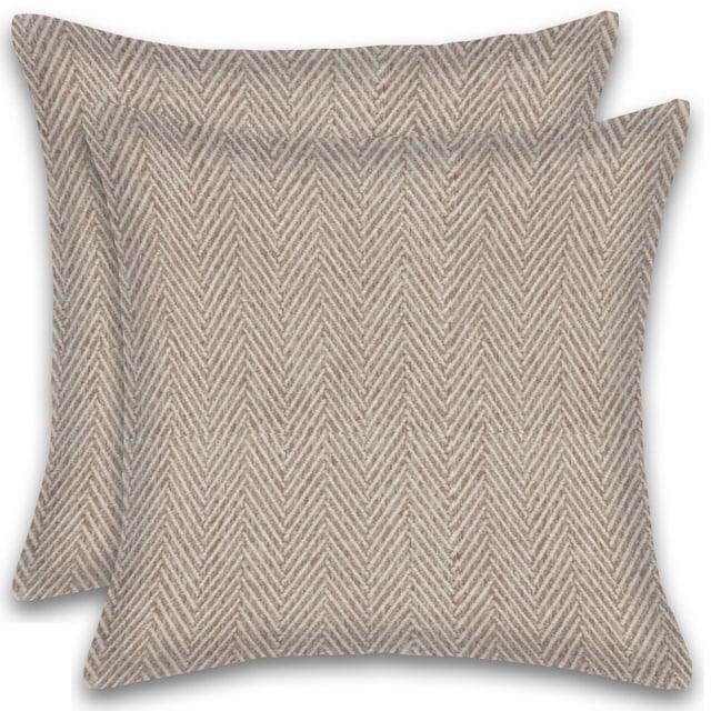 Herringbone Stripe Cotton Cushions Set of 2 poly filled with zipper machine washable, two square cushions with beige and off-white herringbone stripe pattern on breathable lightweight cotton fabric, featuring concealed zipper and machine washable design, suitable for decorative use and lumbar support.