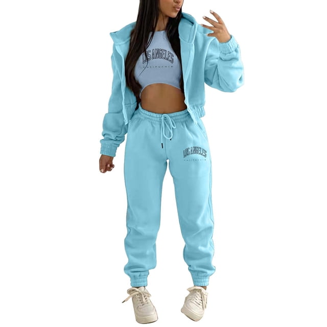 Kcodviy Ensemble Chandail à Capuchon et Pantalon pour Femmes, Tenue Habillée pour Invitée de Mariage, Ensemble Pantalon à Manches Longues, Combinaison 3 Pcs pour Femmes, Jambe Grand, Imprimé de Lettres, Molleton, Tenue de Sport Décontractée