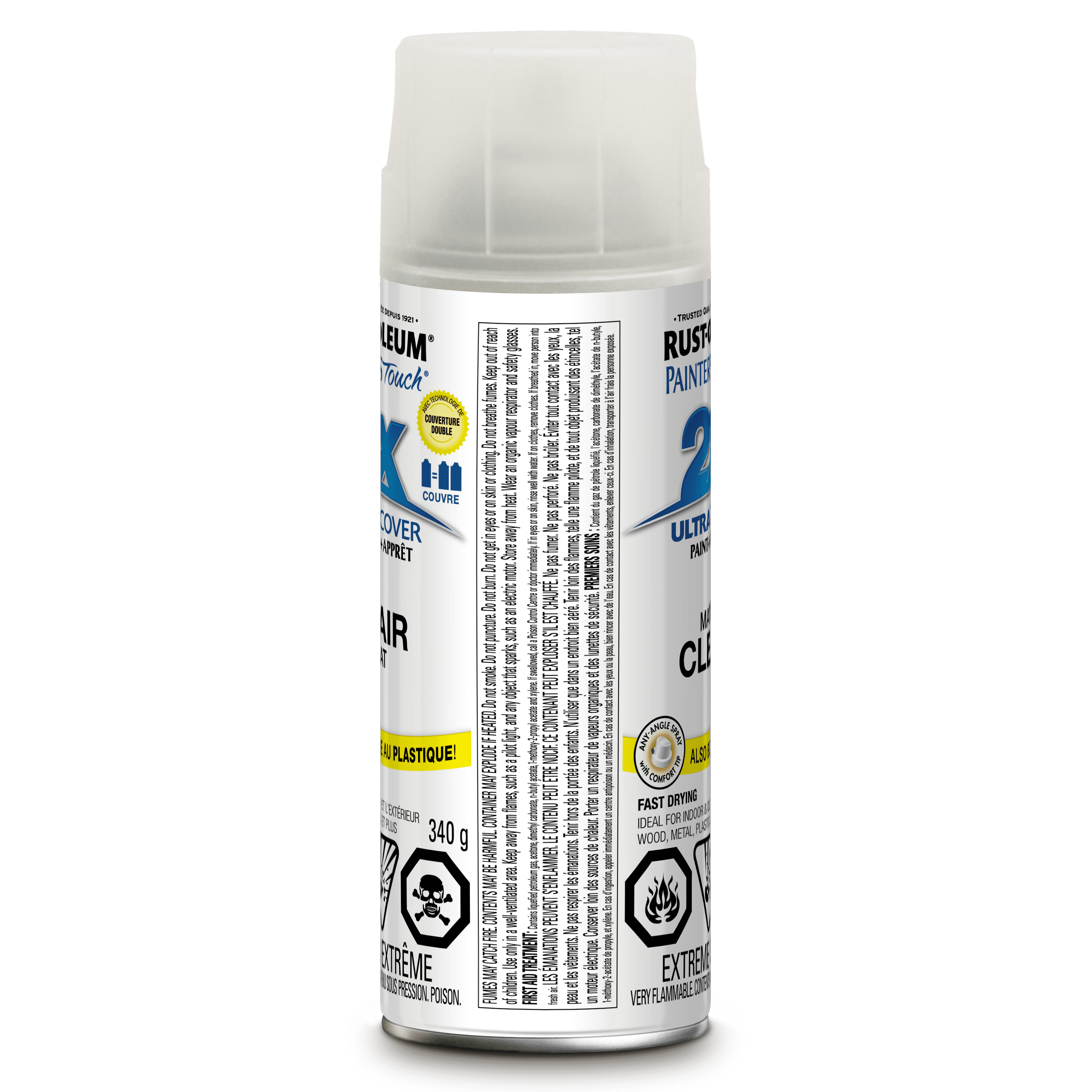 Peinture et apprêt polyvalents Rust-Oleum Painter's Touch 2X pour intérieur/extérieur, finition mate plate claire, bombe de 340g