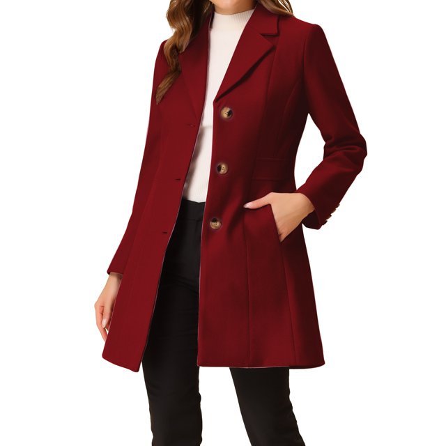 INSPIRE CHIC Manteaux d'Hiver Longs pour Femmes à Simple Boutonnage à Revers Cranté Rouge TP