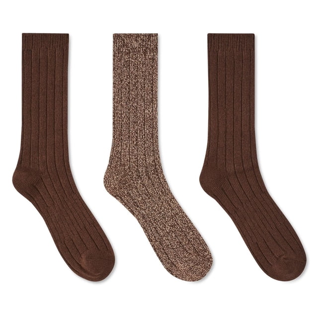 George men's crew socks 3-pack includes three ribbed crew-length socks in assorted brown tones, made of 99% polyester and 1% spandex, with ribbed cuffs and elastic arch support for comfort, ideal for office or casual wear.