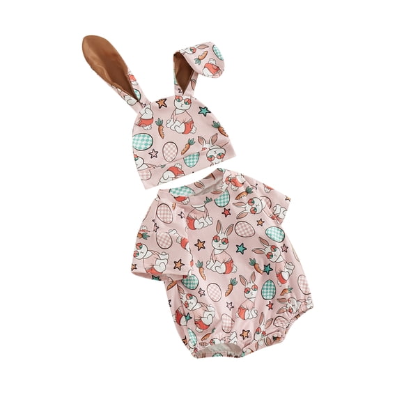 EYIIYE Infant Baby Girls Boys Easter Romper 3M 6M 12M 18M Newborn Short Sleeve Jumpsuit Crew Neck Bodysuit Carrot Bunny Egg Print Romper with Hat Casual Cute Cartoon Rabbit Costume