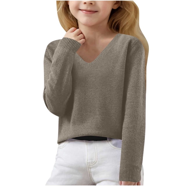 LOVZFMLL Sweaters for Girls, V-Neck Ribbed Pullover Classic Casual Solid Color, Cozy Soft Layering Top Fall Clothes Warm Winter Tops Teen Girls Clothes for 14-15 Years