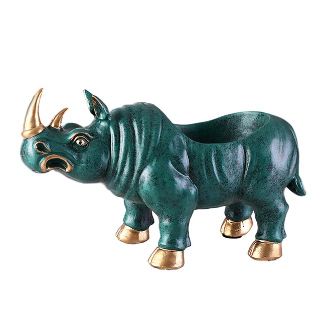 GUOOL Resin Rhinoceros Statue Figurine Collectible Key Storage Bowl Jewelry Holder for Green