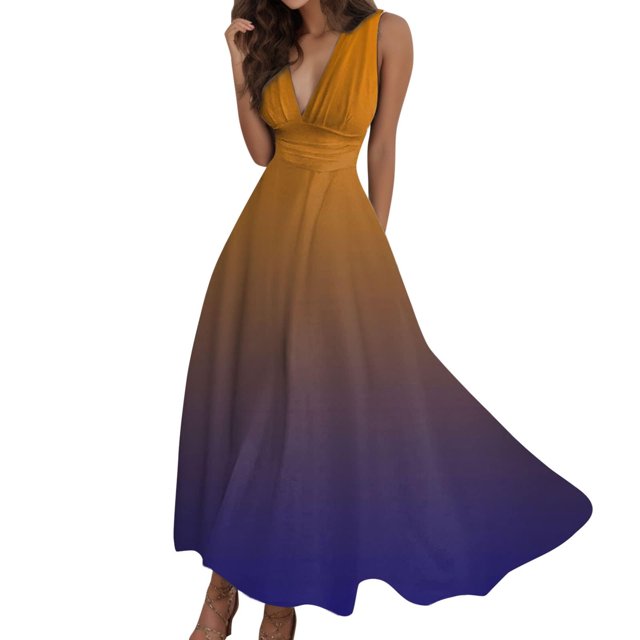 Yuyuzo Robes de Plage pour Femmes 2025 Décolleté en V Profond Sans Manches Robes Longues de Fête Fluides Boho Vacances Robe Maxi