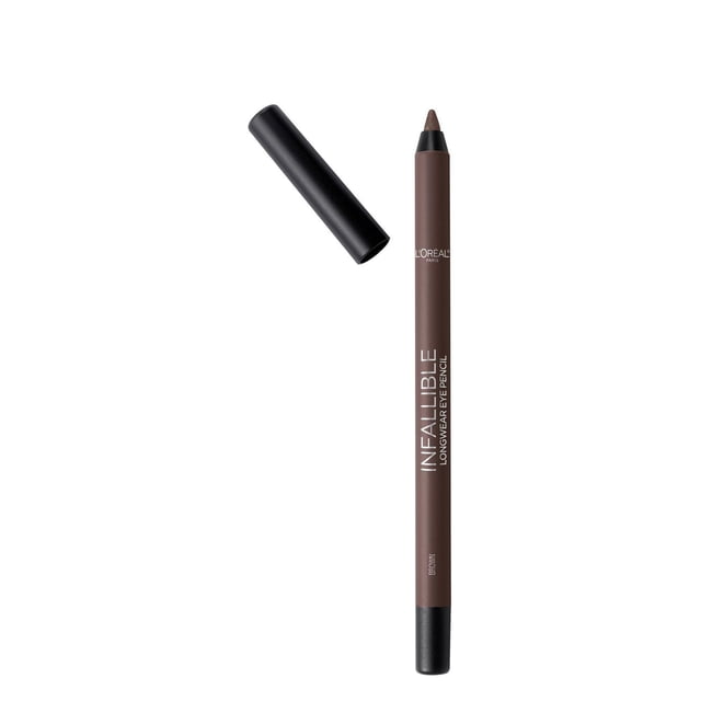 L'Oréal Paris Infallible Pro-Last Waterproof Pencil Eyeliner in brown with black cap removed, showing pointed tip, designed for longwear, smudge-resistant, waterproof eye makeup lasting up to 24 hours, suitable for waterline use and precise application.
