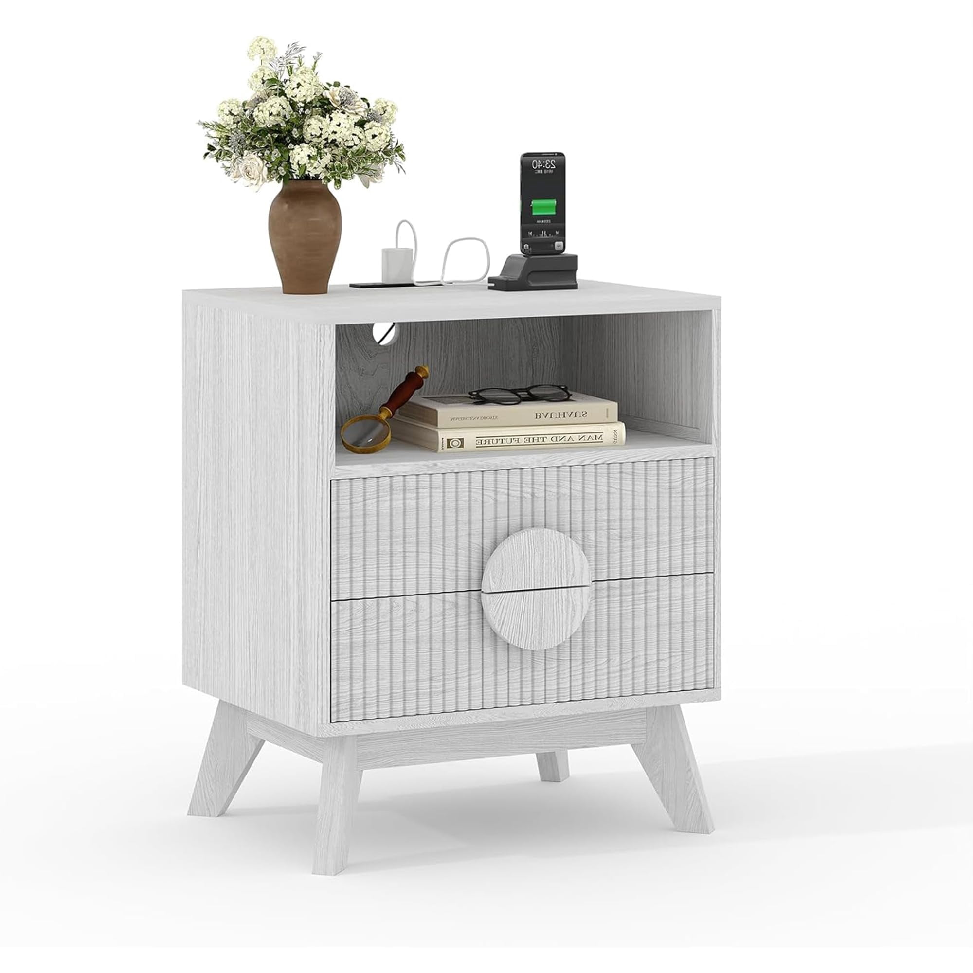 BeesClover 1 Pcs Modern Fluted Night Stand Set with Charging Station, 19.7" Wide End Table with 2 Drawers, Open Shelf & Feet, Modern Wood Bedside Table for Bedroom Sofa Living Room