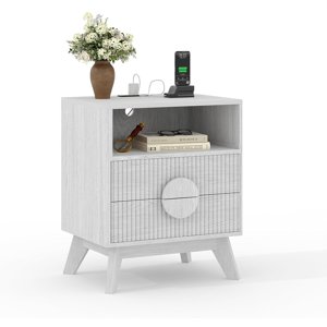BeesClover 1 Pcs Modern Fluted Night Stand Set with Charging Station, 19.7" Wide End Table with 2 Drawers, Open Shelf & Feet, Modern Wood Bedside Table for Bedroom Sofa Living Room