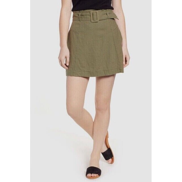 Nouvelle Jupe Mini en Lin Mélangé Ceinturé avec Sac de Taille olive Taille TP