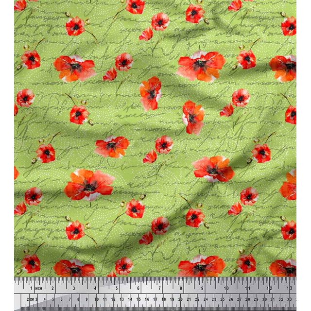 Soimoi Green Modal Satin Fabric Text & Poppy Floral Printed Fabric 1 Yard 42 Inch Wide