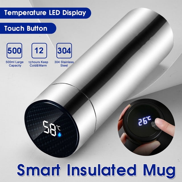 Agiferg Stainless Steel Vacuum Flask Smart Kettle with LCD screen display for temperature. Features a 500ml capacity, 304 stainless steel construction, and a touch-sensitive LED screen for real-time temperature readings. Designed for 12-hour hot or cold liquid insulation. The sleek, cylindrical design in a natural metallic finish is shown with a close-up of the LED display indicating 58°C. Suitable for travel, outdoor activities, and daily use.