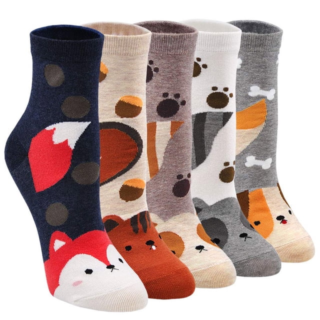 Aocisk Cool Animal Cartoon Design Colorful Women Socks Five Pairs Pack Novelty Cute Crew Style Multicolor One Size
