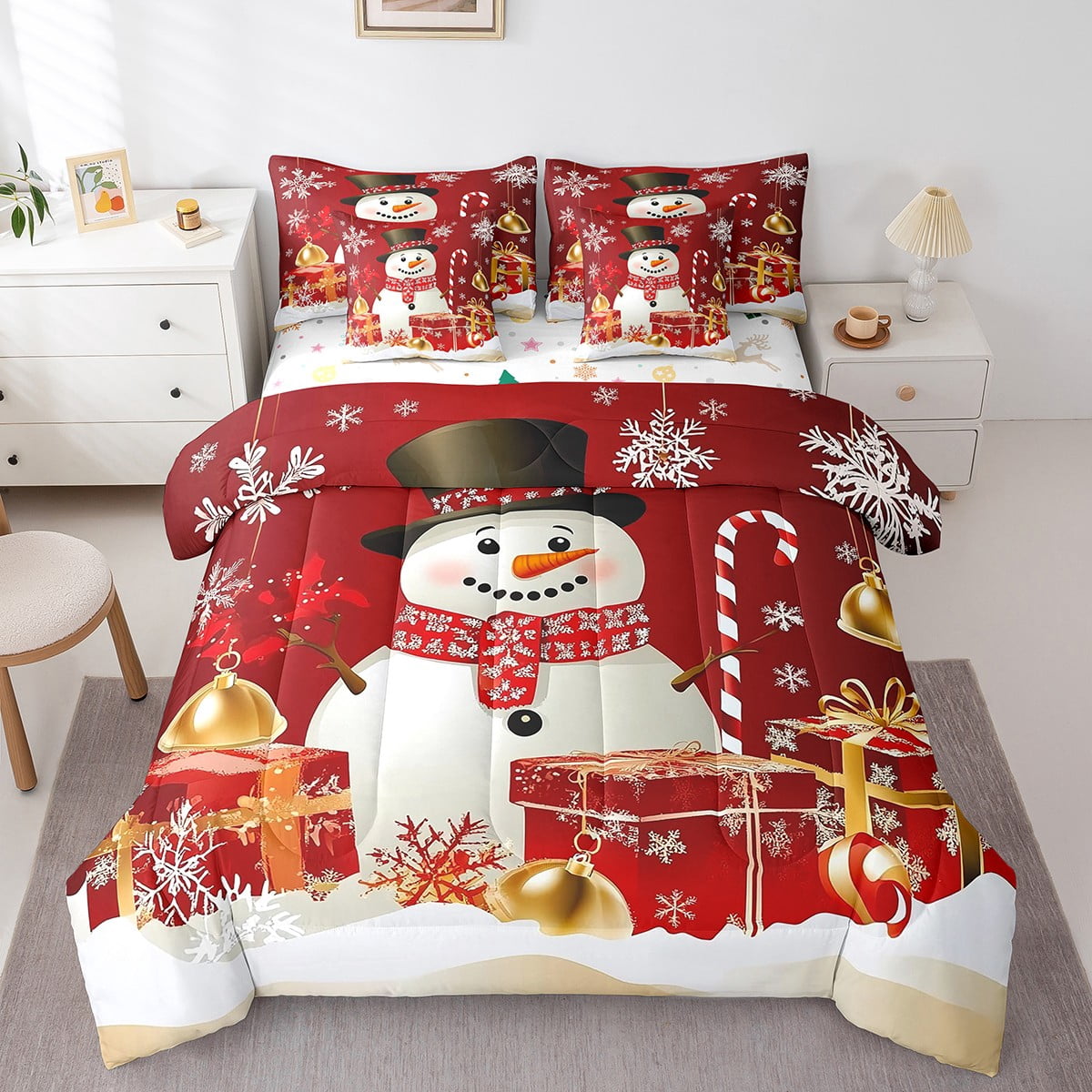 7 Piece Bed in a Bag Twin Size Comforter Set for Kids Christmas Bedding Set,Merry Christmas Reversible Bed Set,Snowman Comforter with Sheet Set,All Season
